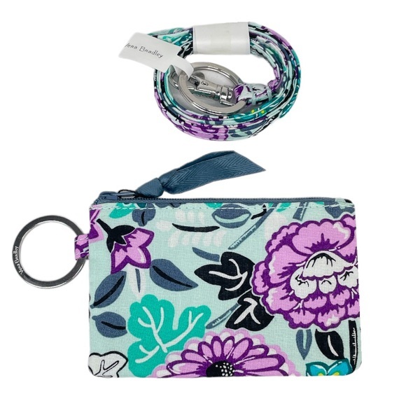 Vera Bradley Penelope’s Garden Zip ID Case and Lanyard Purple Blue Green - Picture 1 of 6